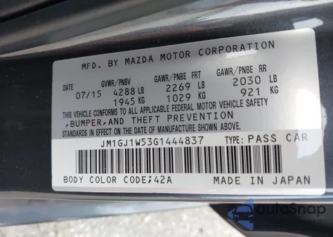 2016 Mazda Mazda6 I Grand Touring z USA, uszkodzony, nr VIN JM1GJ1W53G1444837